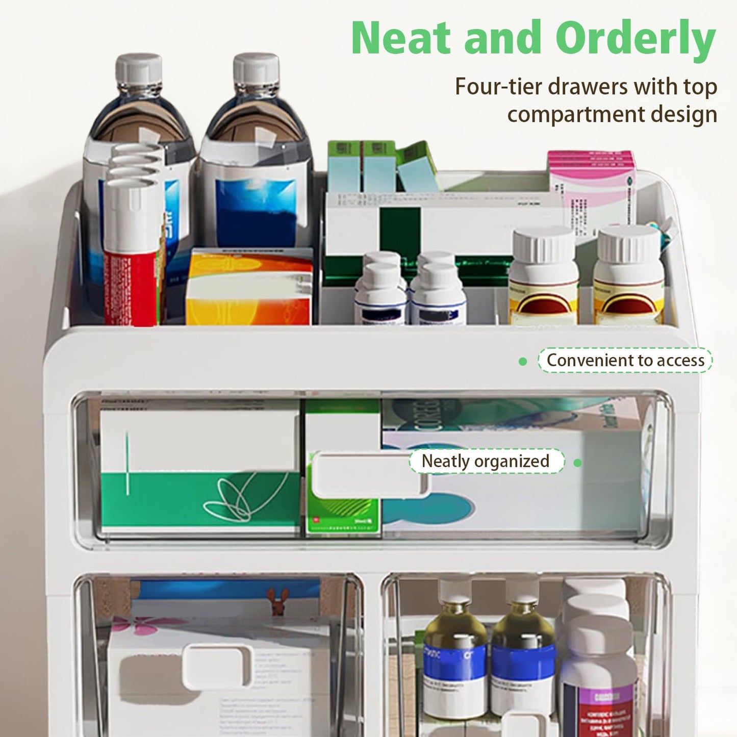 Jenmayt 4-Tier Home Medicine Cabinet Organiser, Medical Storage Container with Transparent Drawer, Medicine Storage, for Medicines, Small Cosmetics