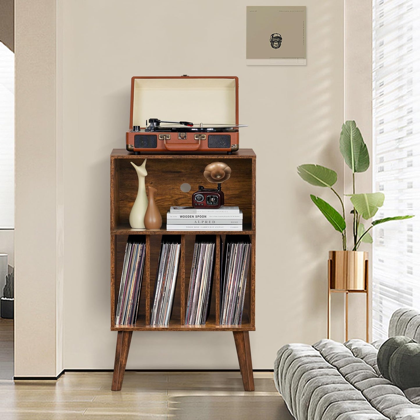 LELELINKY Record Player Stand, Turntable Stand Hold Up To 160 Albums, Brown