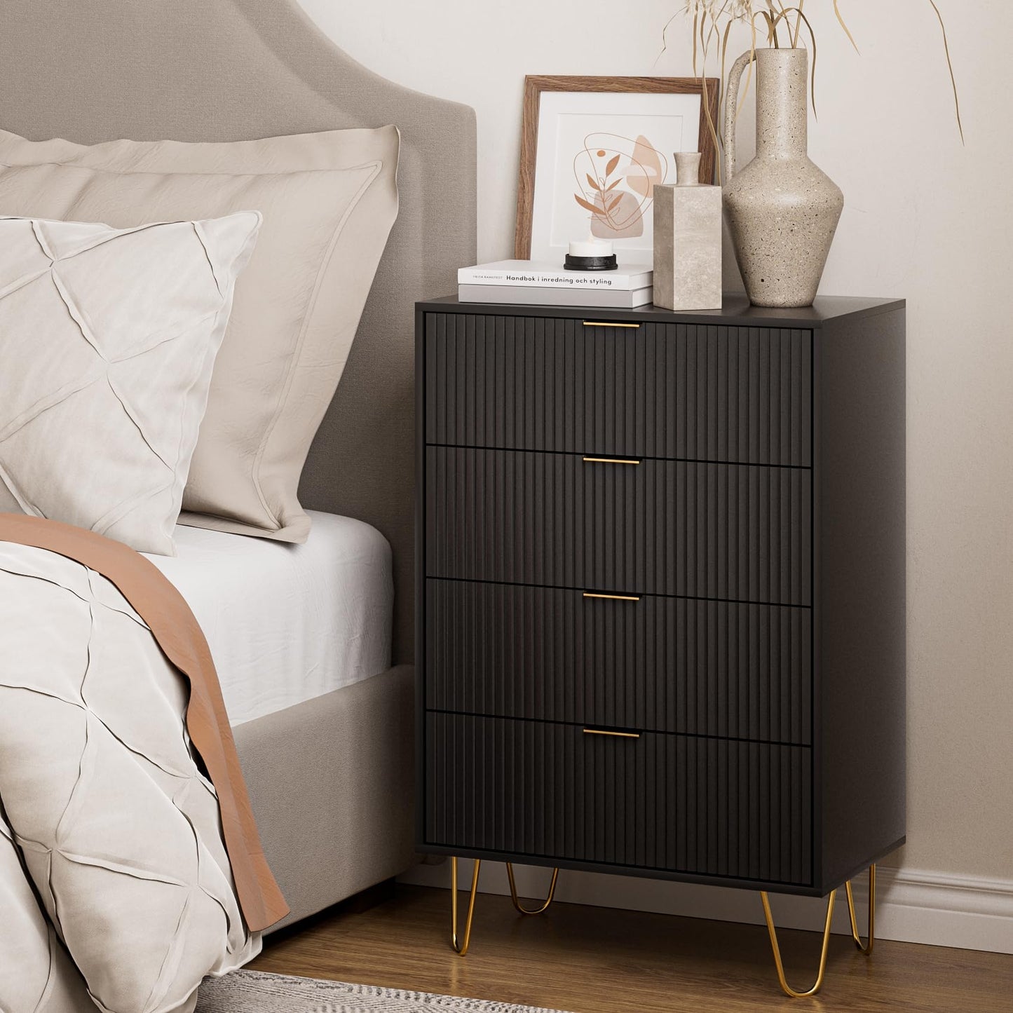 HEYZOEY Chest of 4 Drawers for Bedroom, 60x34x91cm, Wood Storage Dresser Bedroom Furniture Cabinet for Living Room,Office,Lounge,Black