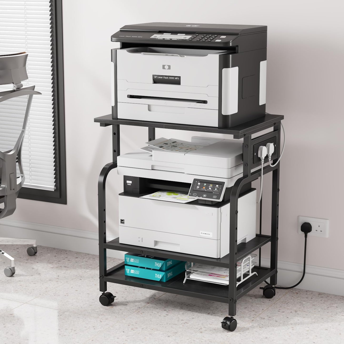 OYRREU 3-Tier Rolling Printer Stand with Outlets for Home, Office, Black