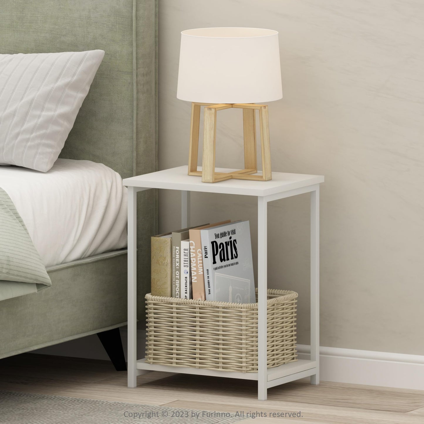 Furinno SIMPLISTIC Side Table, 2-Tier Metal Frame End Table with Open Shelf, Night Stand, Bedside Table, for Living Room, Bedroom, White
