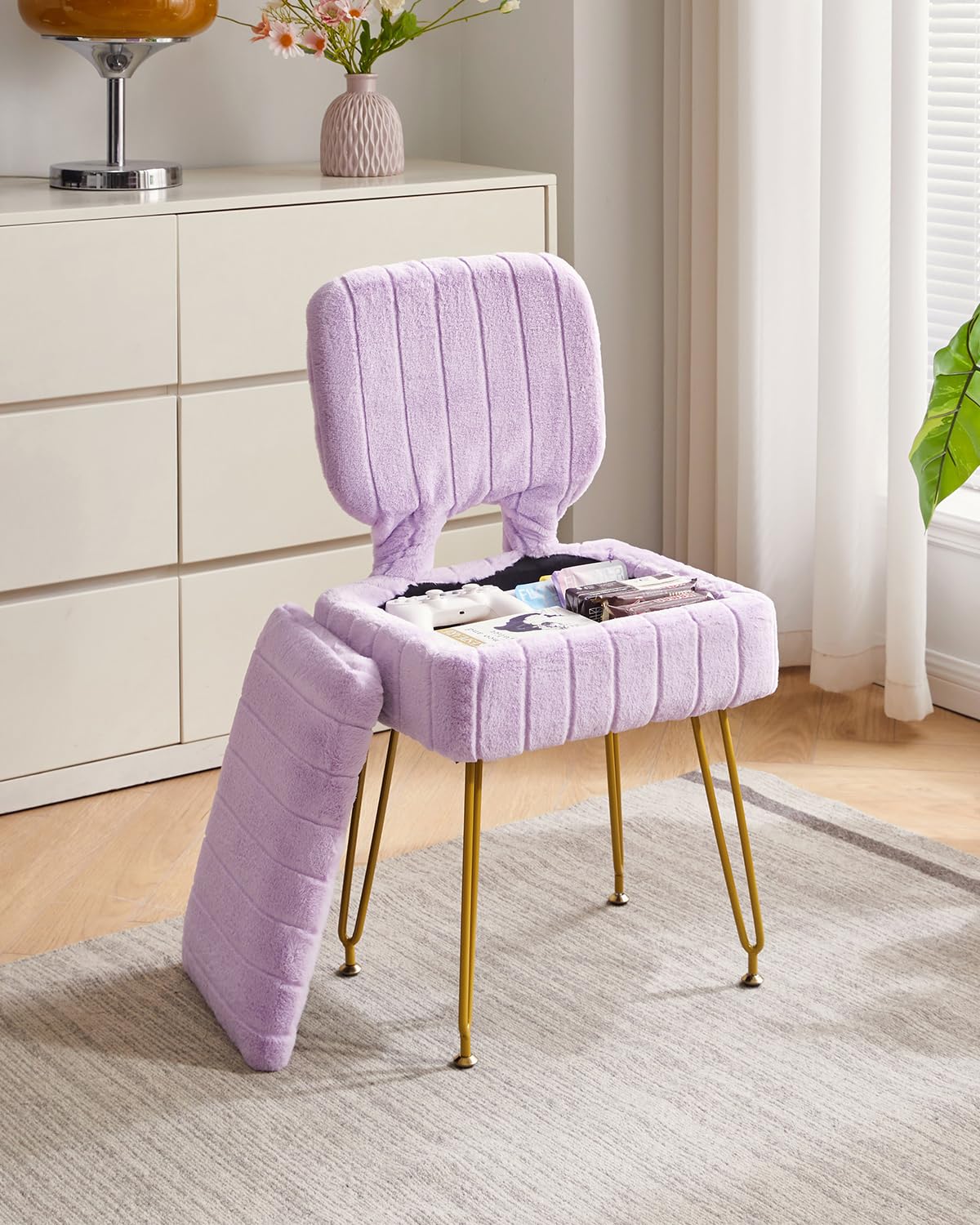 IBUYKE Vanity Stool with Storage, Folding Back Makeup Chair, Purple WBD030V