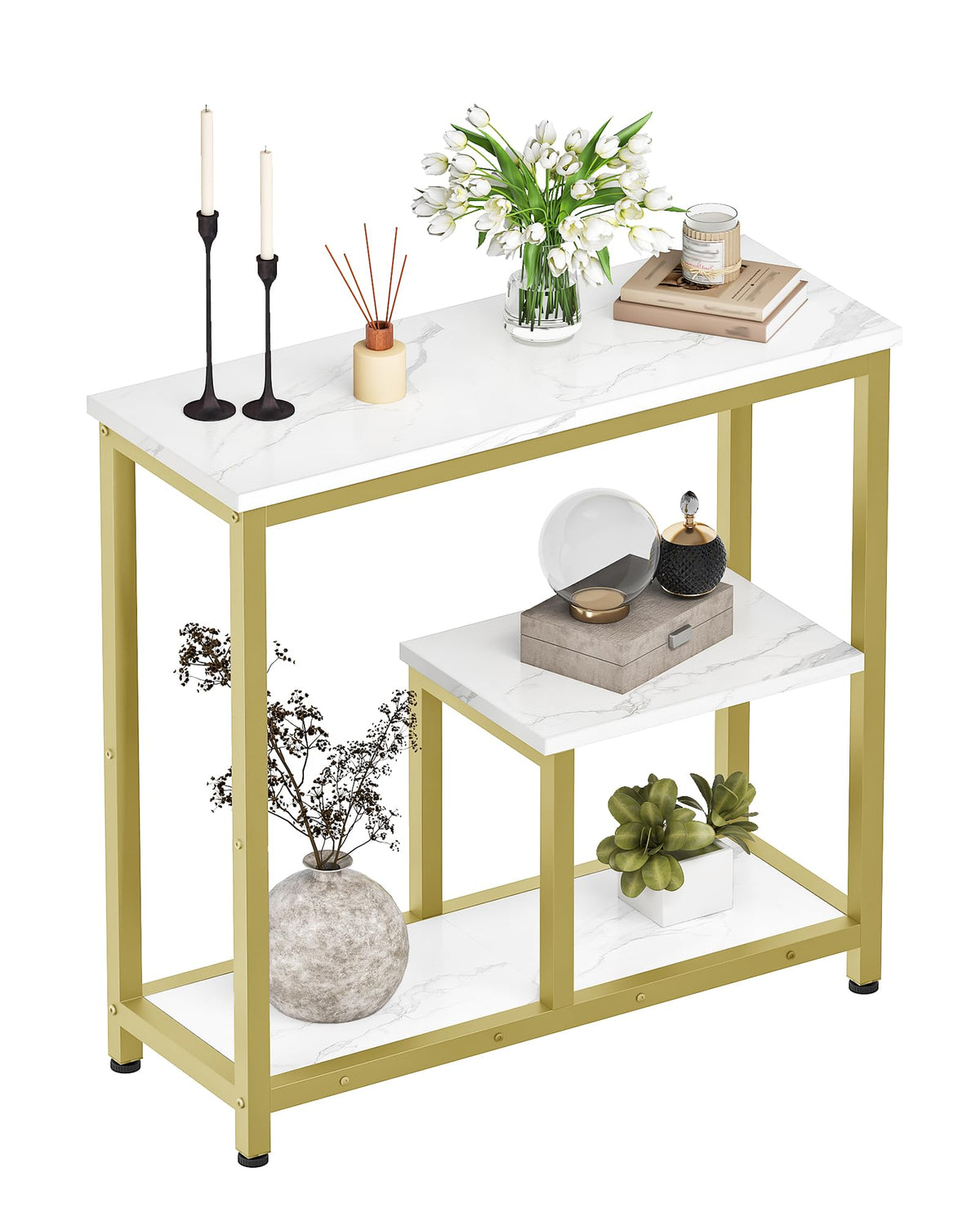 CHOEZON Modern Console Sofa Table, 3-Tier Display Table, Marble Veined Table Top, Metal Frame, for Small Spaces, Entryway, Foyer