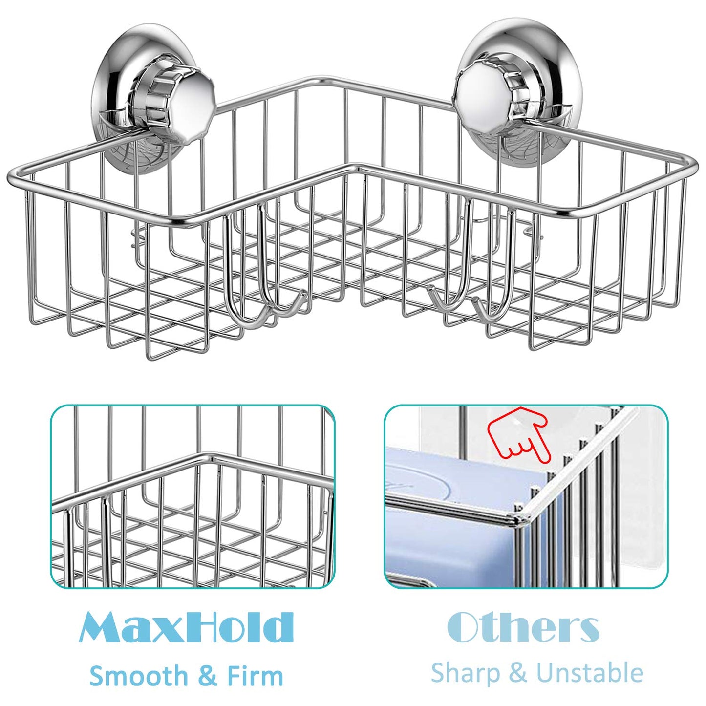 MaxHold No-Drilling/Suction Cup Deep Corner Storage Basket with 4 Hooks - Vaccum System - Stainless Steel Never Rust - for Bathroom & Kitchen