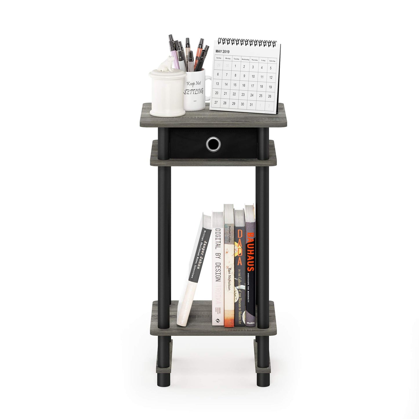 Furinno Turn-N-Tube Tall End Table, Side Table with Bin, French Oak Grey/Black