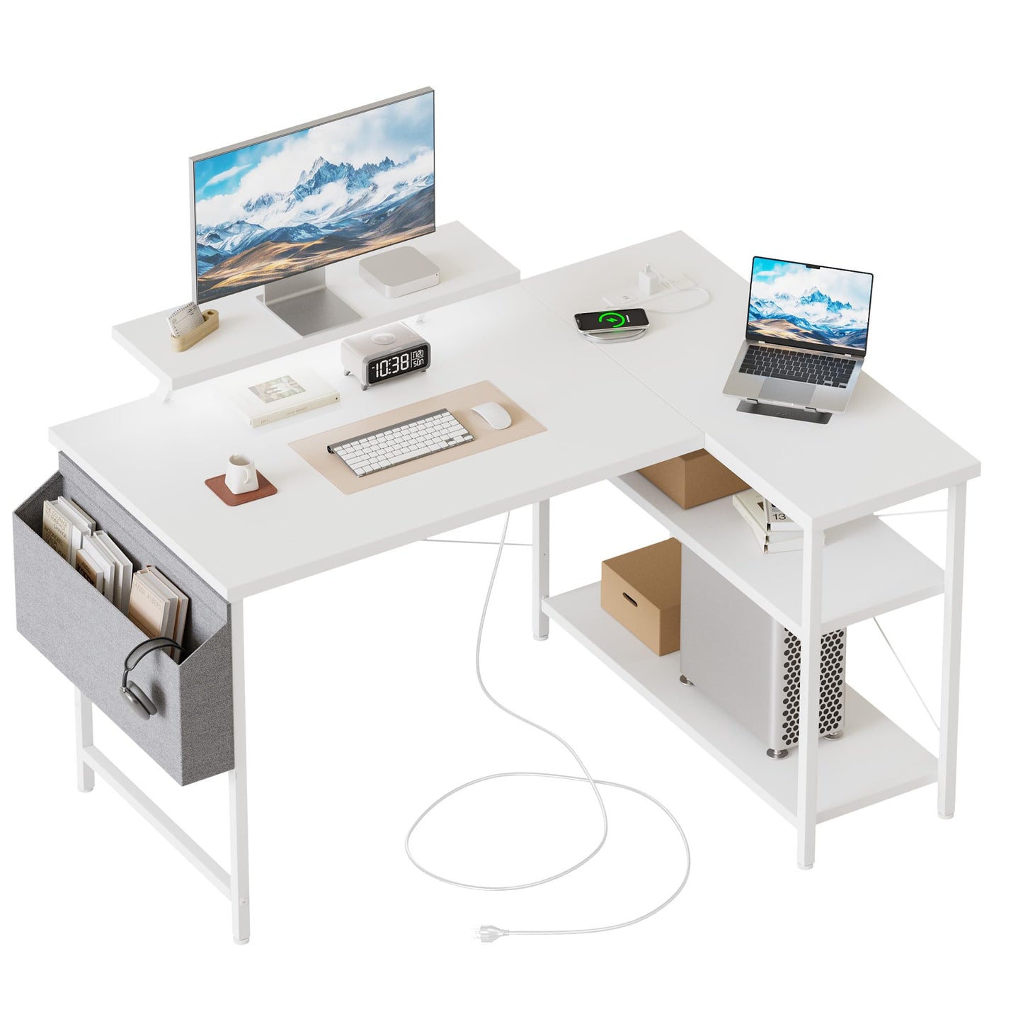 Mericonia Corner Desk, w. Monitorstand & Built-in Socket, 100x70cm, White
