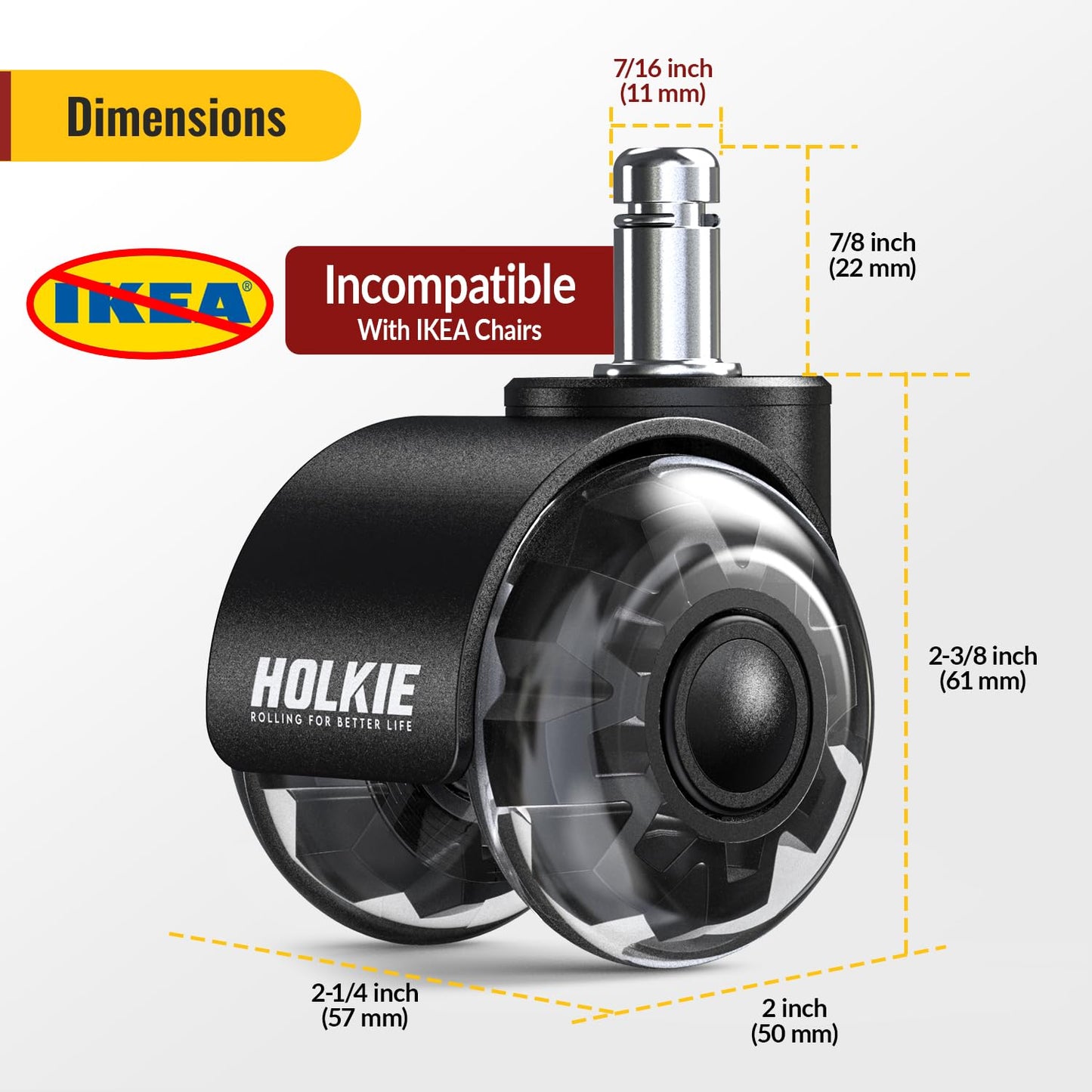 HOLKIE Office Chair Wheels 11x22mm Universal Fit 2 Inch Castors Replacement, Black Dual Rubber Smooth & Silent Chair Casters Wheels-Set of 5 For
