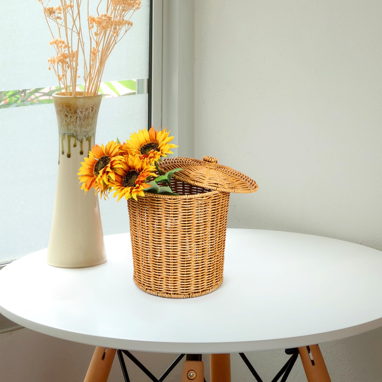 TOYANDONA Wicker Trash can Rattan Round Waste Basket with Lid Wicker Wastebasket Woven Storage Basket Clothes Container for Bathroom, Kitchen