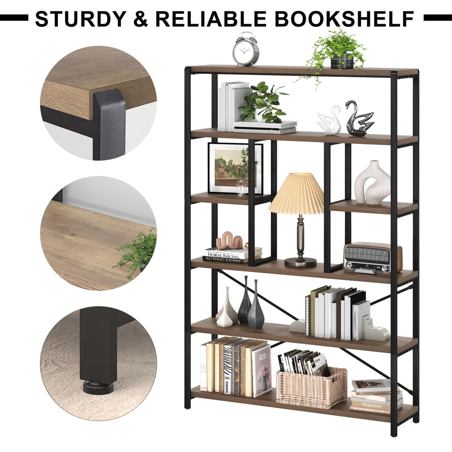 LVB Tall Industrial Etagere Bookcase, Modern Wood Large Open 6 Tier Bookshelf, Vintage Wide Metal Book Shelf Organizer