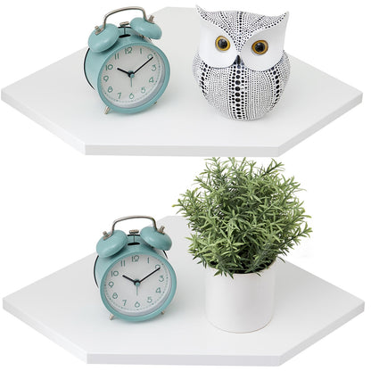 GIEANOO White corner shelf, Set of 2 Solid Oak Wood White Floating Corner Shelves Wall Mount Organizer with Wire Hole Small Plant Display for Kitchen