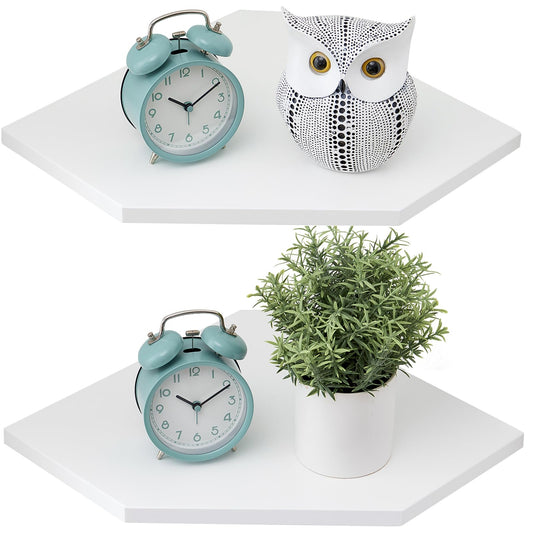 GIEANOO White corner shelf, Set of 2 Solid Oak Wood White Floating Corner Shelves Wall Mount Organizer with Wire Hole Small Plant Display for Kitchen