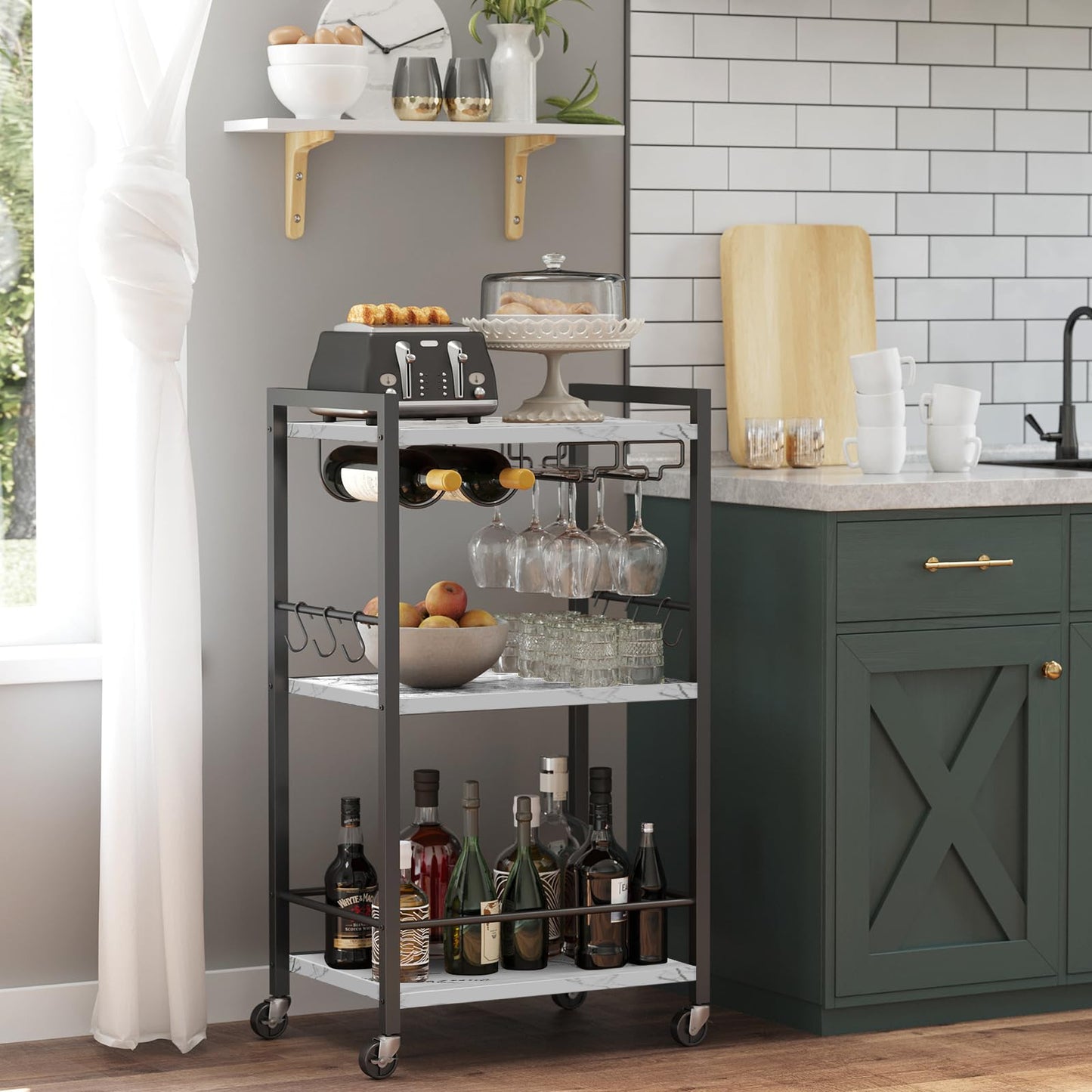 TUTOTAK Drinks Trolley, Bar Cart with 3-Tier Shelf, Serving Trolley with Wine Rack, Glass Holder, Rolling bar cart for The Home, Living Room