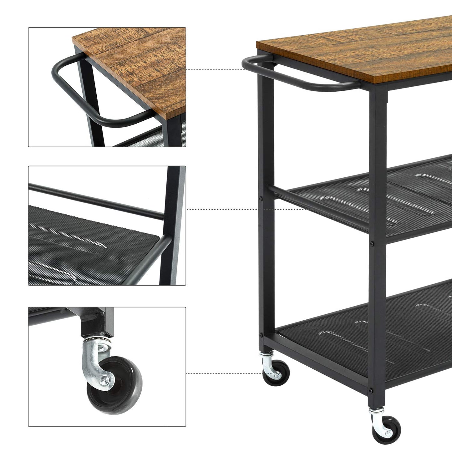 Meerveil Kitchen Trolley on Wheels, 3 Tier Serving Rolling Cart with Towel Rack and Storage Shelves
