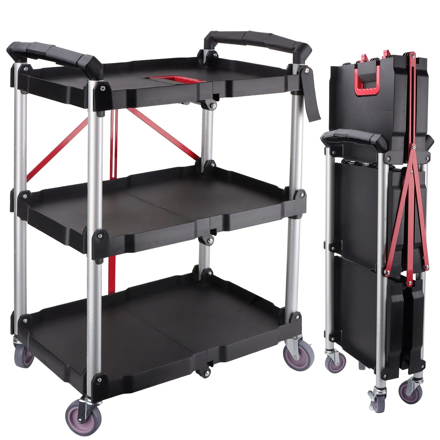 EBANKU 3-Tier Service Carts with Wheels, Foldable Rolling Cart with Locking Wheels Heavy Duty Kitchen Storage Shelves Garage Shelving Unit for