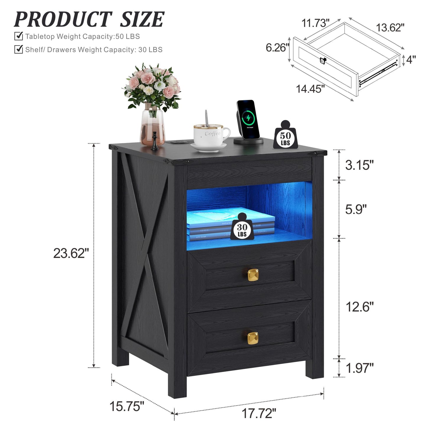 FREDEES LED Bedside Table with Hidden Drawer for Bedroom, Black