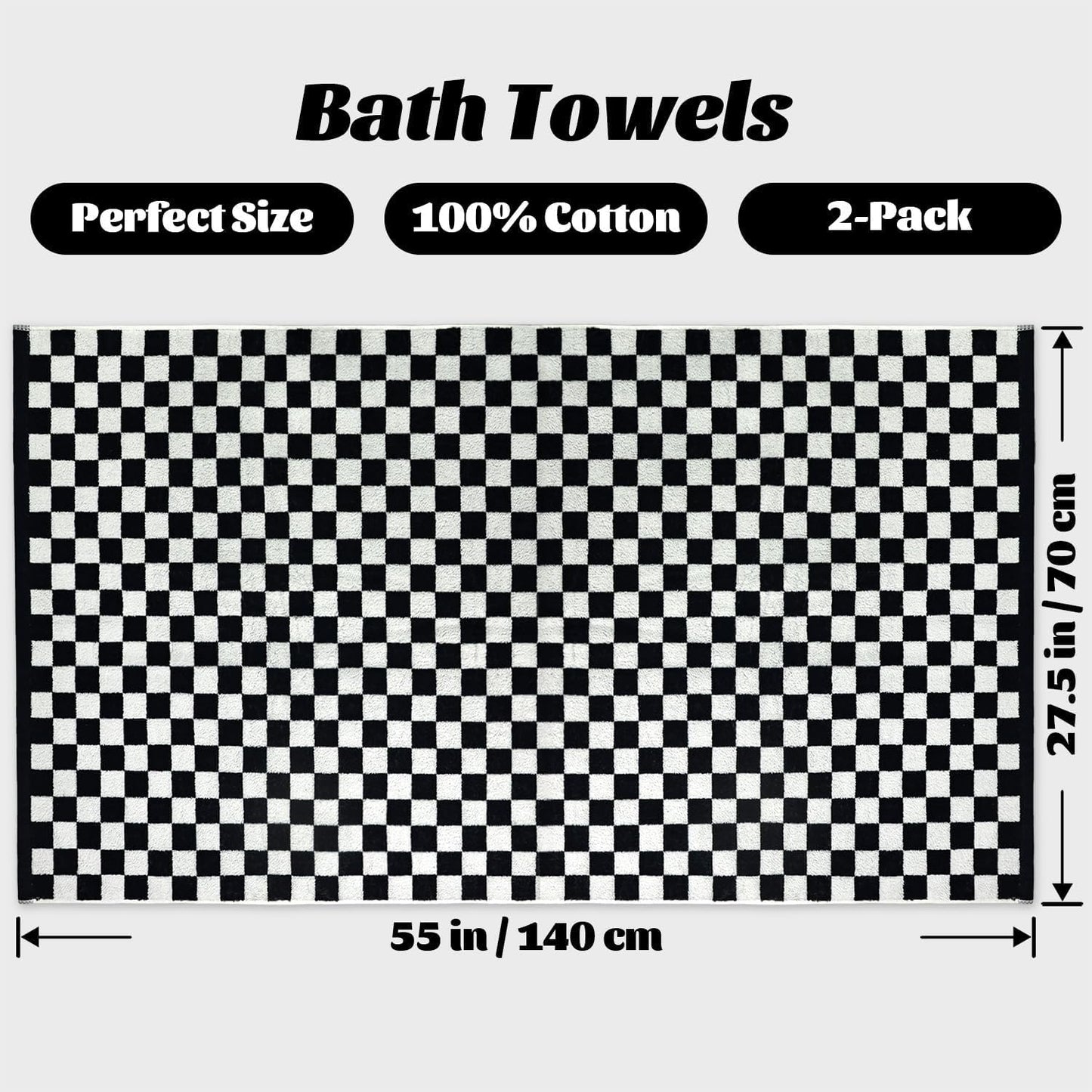 Jacquotha Black and White Checkered Bath Towels Set of 2-100% Cotton 27.5"x55" - Soft, Absorbent, Quick Dry Bath Towels for Bathroom, Pool, Beach, Spa