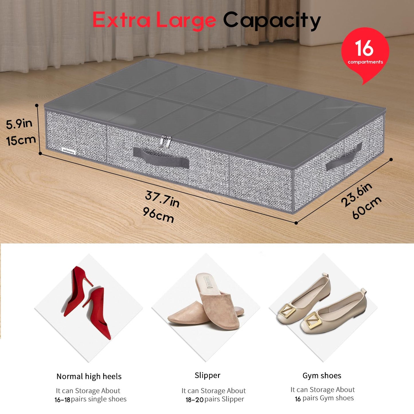 Onlyeasy - MXDUBS16P2 Shoe Storage Box with Handles and Clear Window, 16+16 Pairs, Heavy Duty Shoe Storage Box for Kids and Adults, 96 x 60 x 15 cm