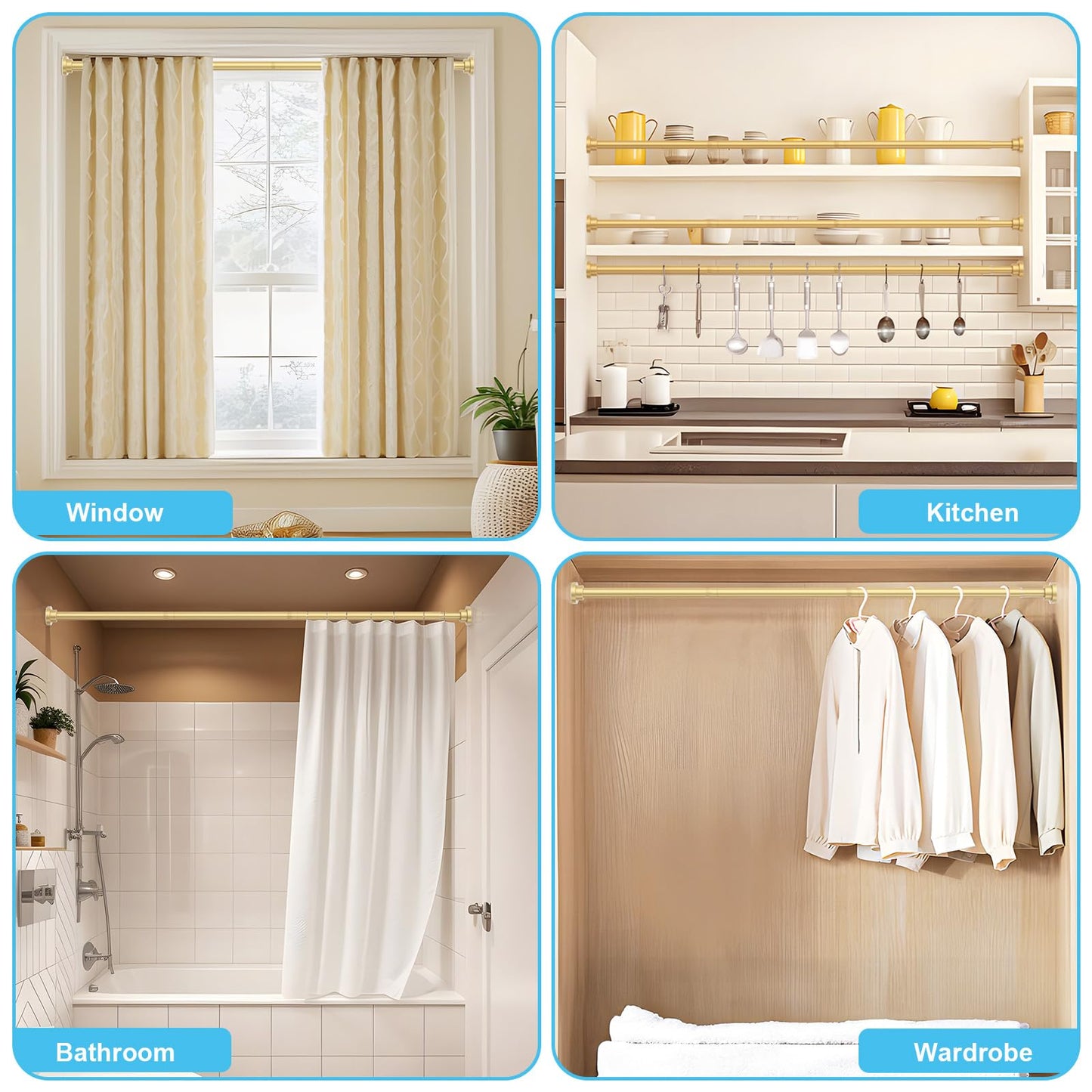 Shower Curtain Pole Extendable Curtain Poles 79-195 Cm Tension Rods For Curtains Extendable No Drill Shower Curtain Rail Non-Slip Gold Shower Pole
