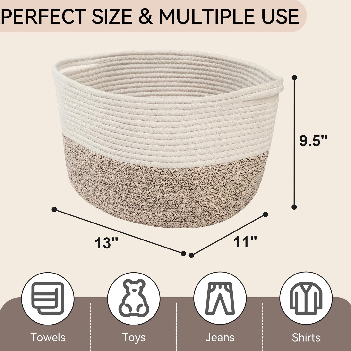 Pomodee White-Brown Cotton Rope Woven Storage Basket with Handle,34×28×24 cm,Storage Baskets for Gifts,Toys,Clothes,Books,Bathroom and Living Room