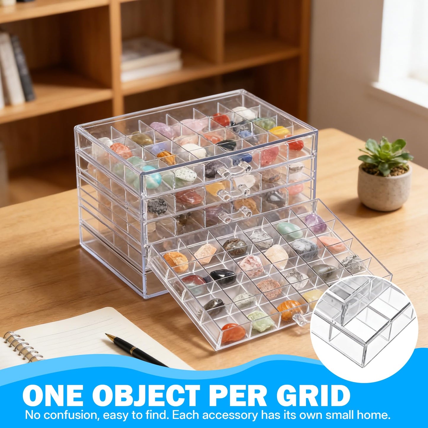 NEUSID Rock Display Case, 5 Drawers Rock Collection Box with 120 Grids Clear Acrylic Gemstone Crystal Jewellery Display Storage Cases for Rings