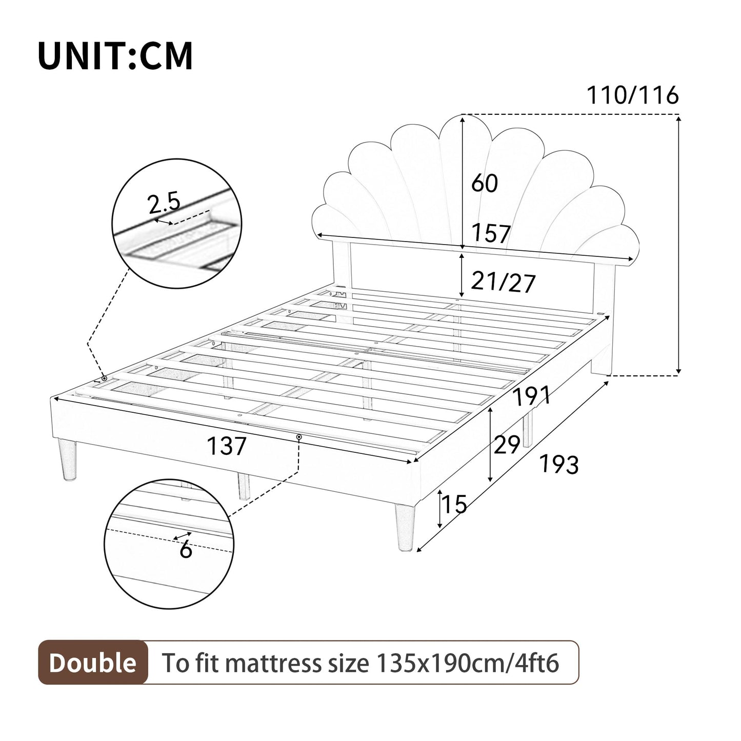 Merax Double bed frame, 4ft6 Double Upholstered Bed, Adjustable Chic Petal Headboard, Sturdy Wooden Slat Support, Velvet Fabric (No Mattress)