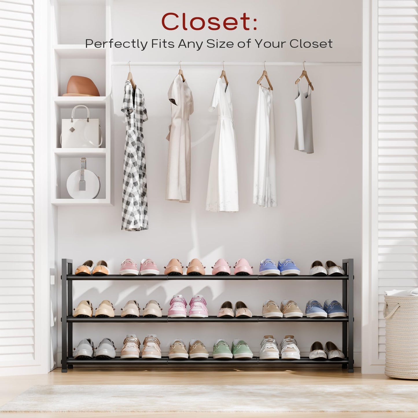 Bumusty 3 Tier Long Expandable Shoe Rack, Black