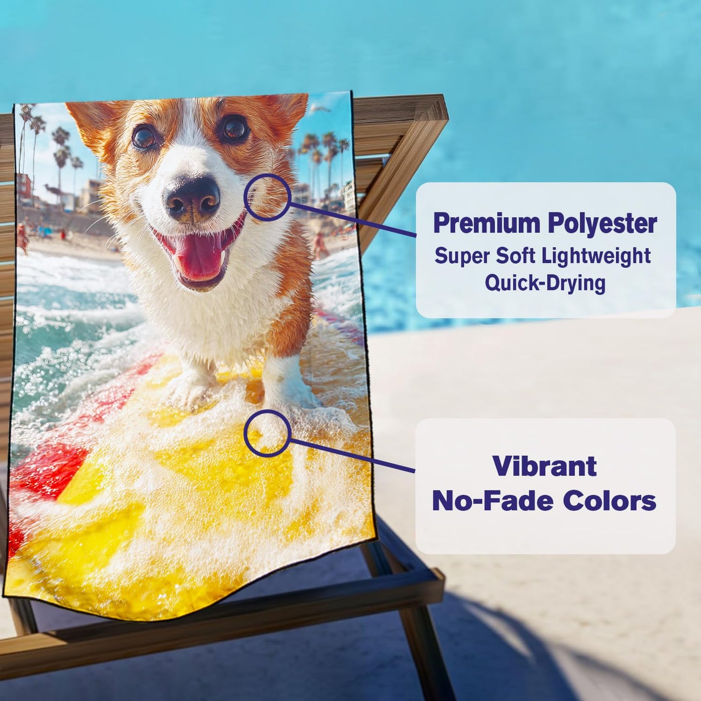 Violetpos Surfing Corgi Beach Towel, Extra Large 180x90 cm 250GSM Microfibre, Sand Free Quick Dry