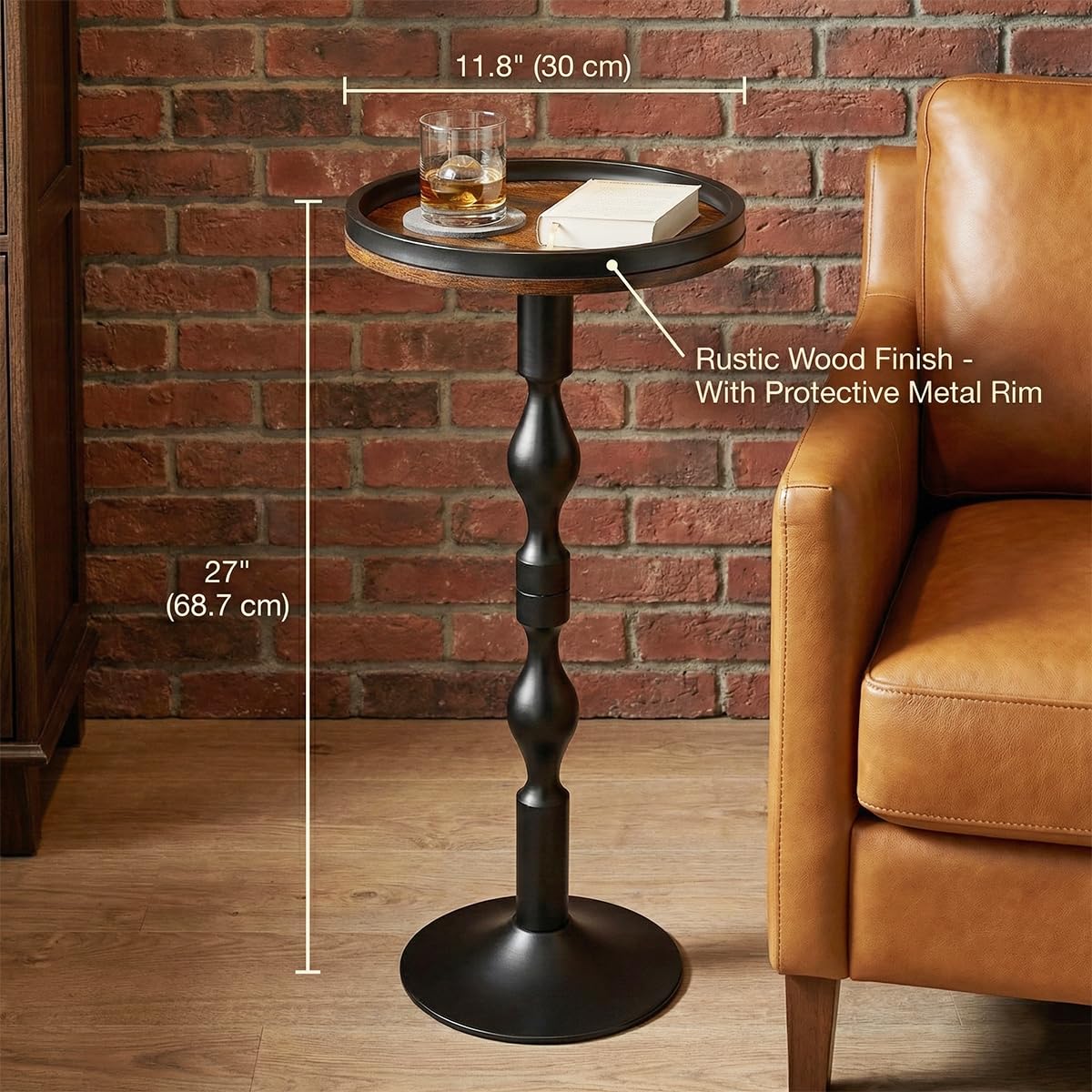 ZEXVIDA Industrial Round Side Table,Black Metal & Dark Wood Drinks Table with Tray Top, Rustic Martini End Table for Living Room