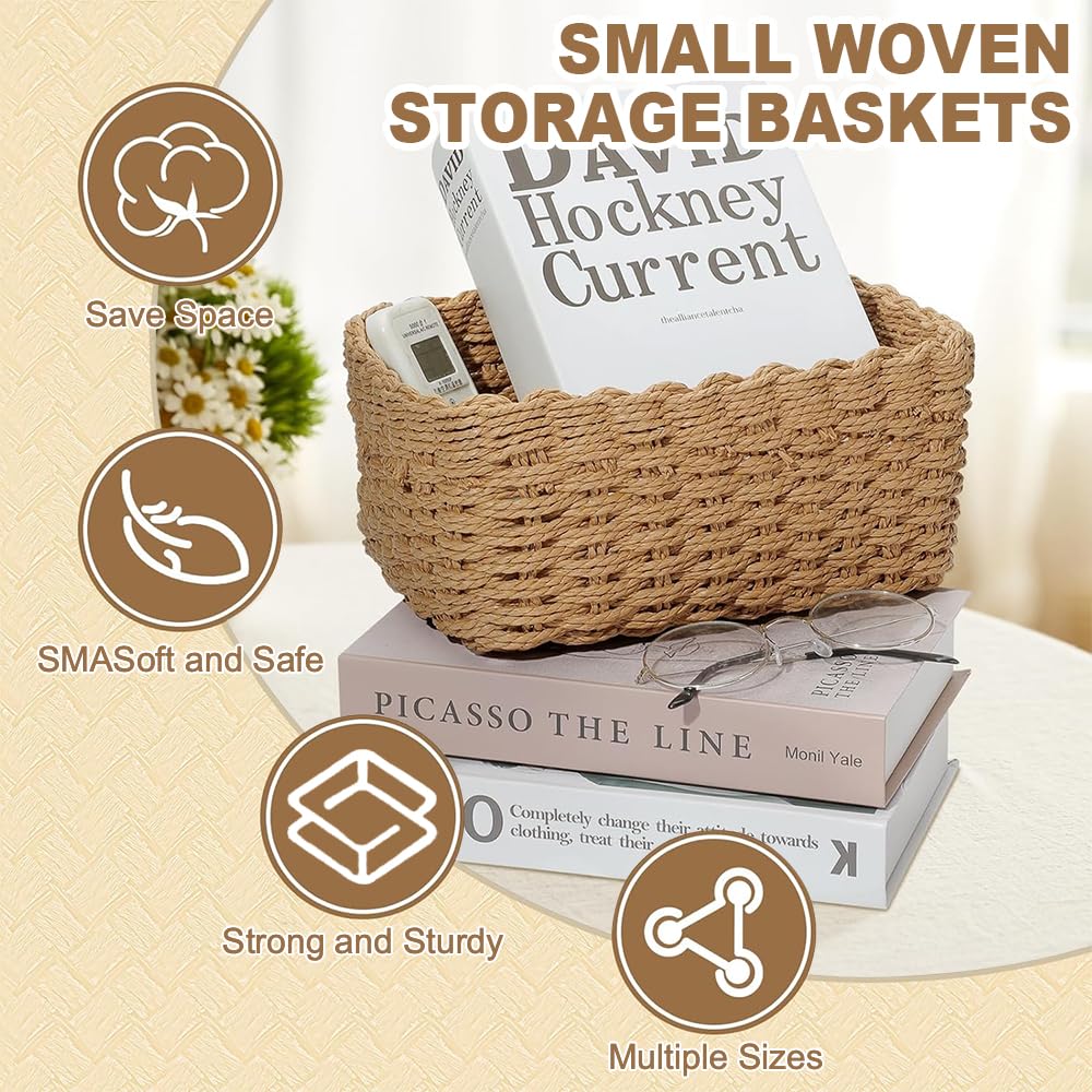 Lighterday Wicker Gift Baskets 4 Pcs Small Hampers - Woven Storage Basket 4 Sizes - Brown Rectangular Wicker Baskets for Shelves, Gift, Bathroom