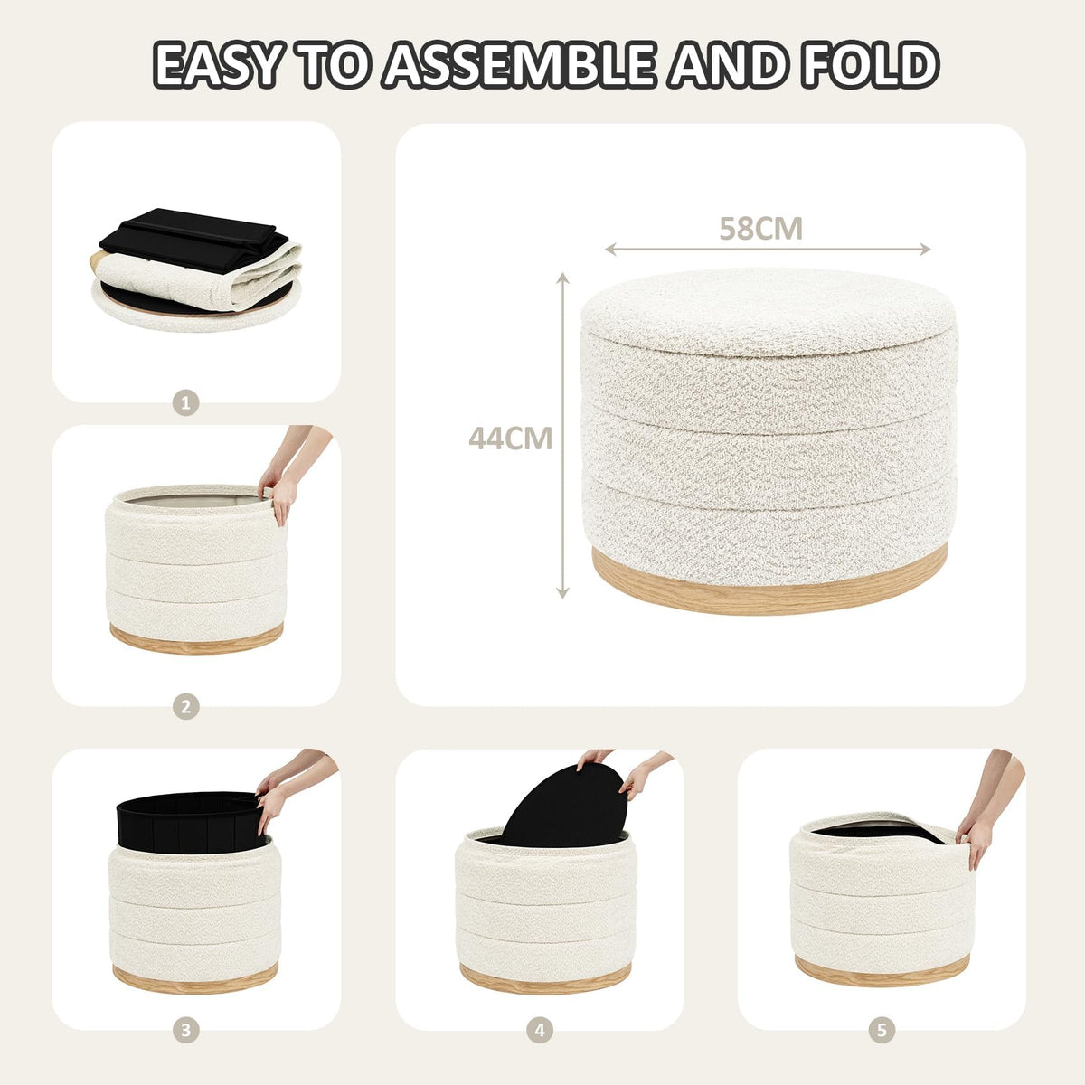 PINPLUS Round Chenille Storage Ottoman, Tray Top, 58x58x44 cm, Cream White