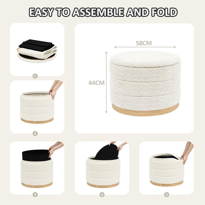 PINPLUS Round Chenille Storage Ottoman, Tray Top, 58x58x44 cm, Cream White