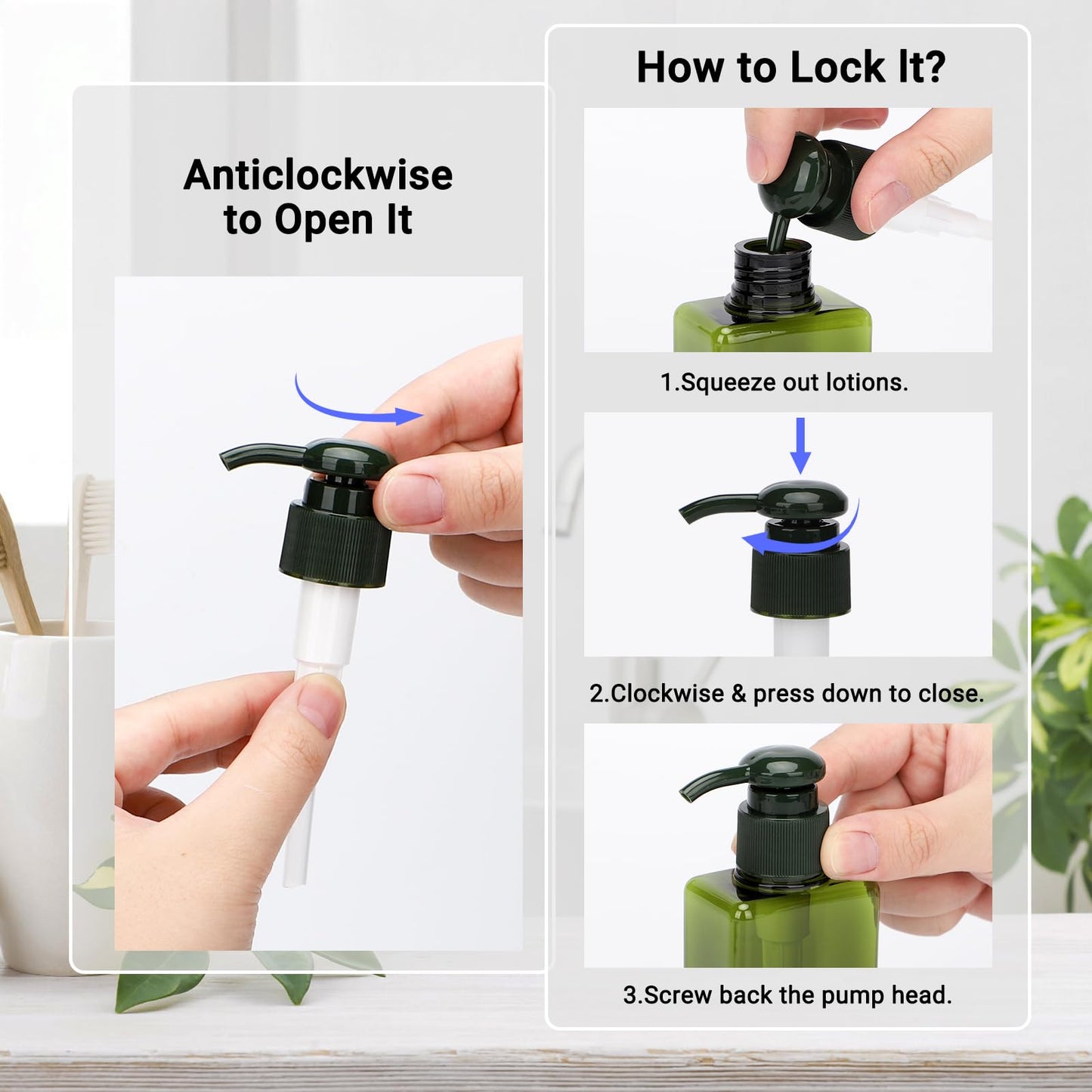 Segus Hand Soap Dispenser, 3 Pieces 100ml Empty Shampoo Bottles, Small Shower Dispensers with Labels, in Plastic, Bathroom Accessories (Dark Green)