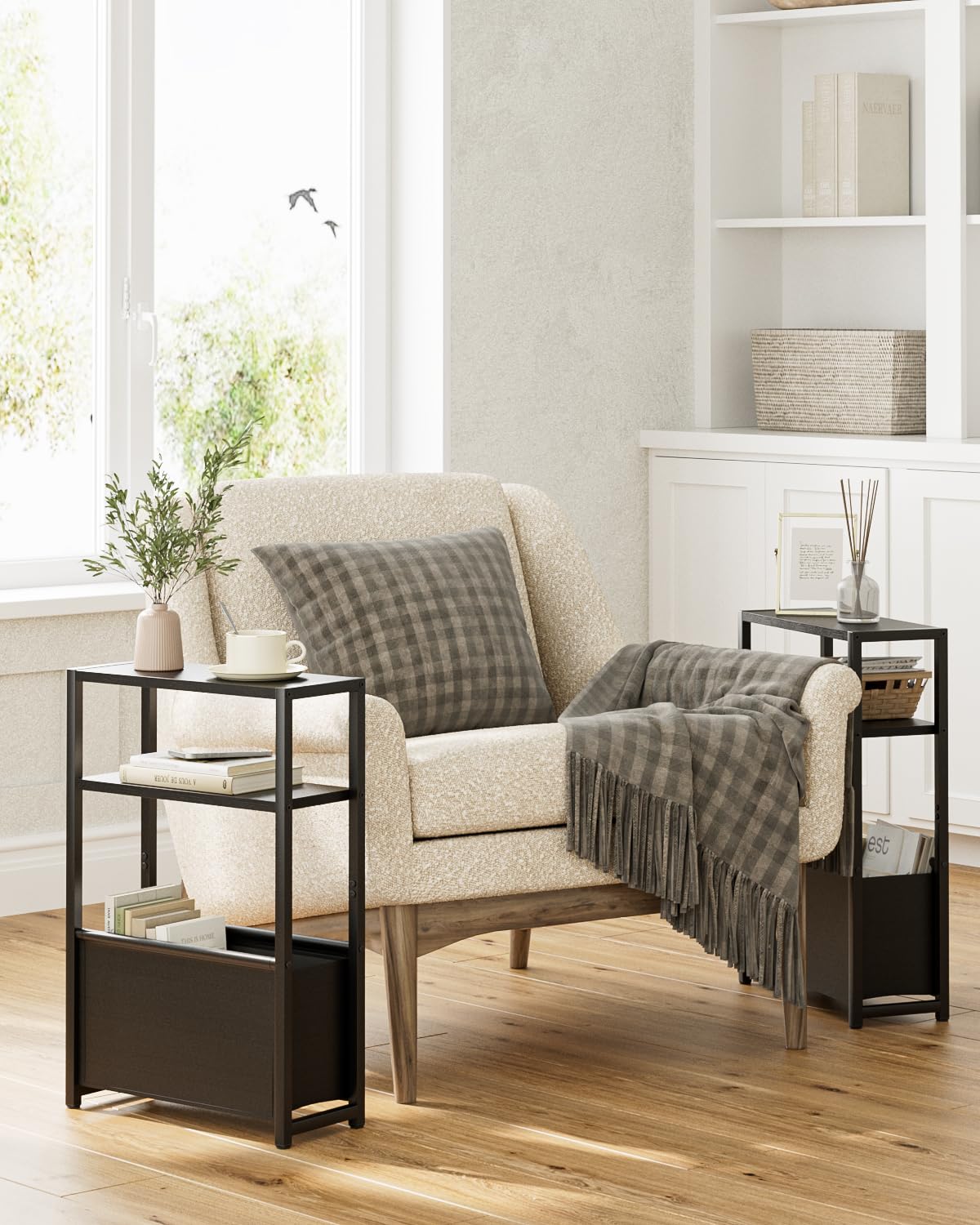 Apetaccat Narrow Side Table for Small Spaces, Small End Table with Storage Basket, Slim Bedside Table for Bedroom