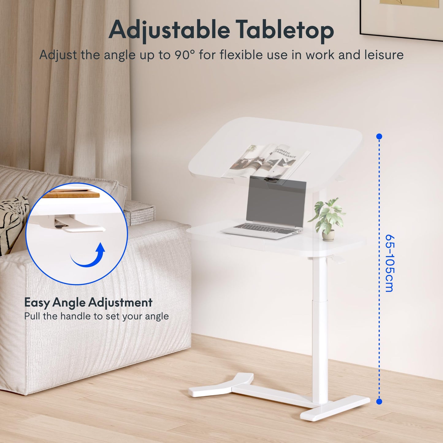 FLEXISPOT Overbed Table with Wheels, Adjustable Height Bedside Table, Rolling Laptop Desk for Bed Sofa, Small Standing Desk 75 x 40 cm