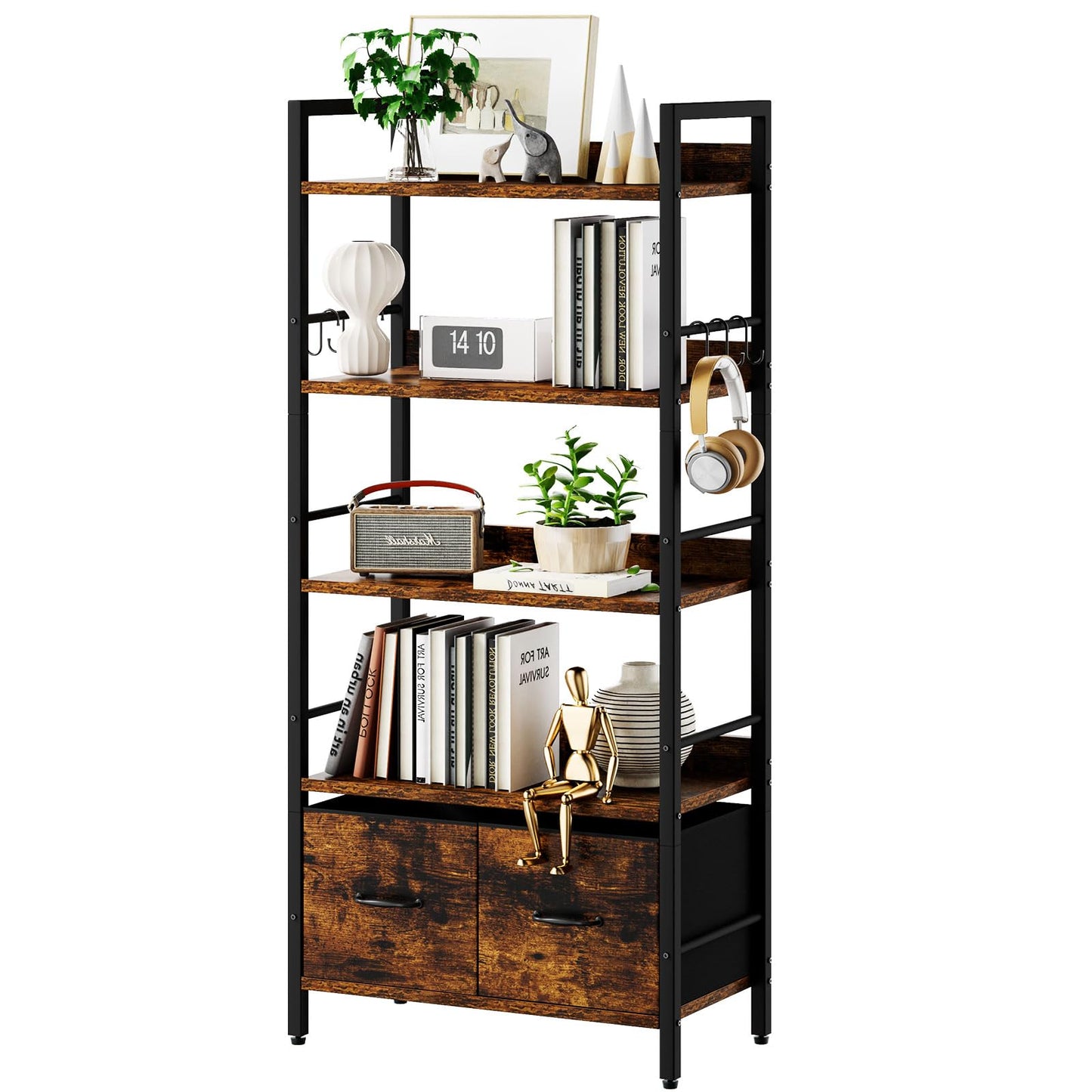 Aibiju Bookshelf, 5 Tier Bookshelves With 2 Fabric Cloth Drawers，Shelf Bookcase for Office, Study, Living Room, Bedroom Industrial