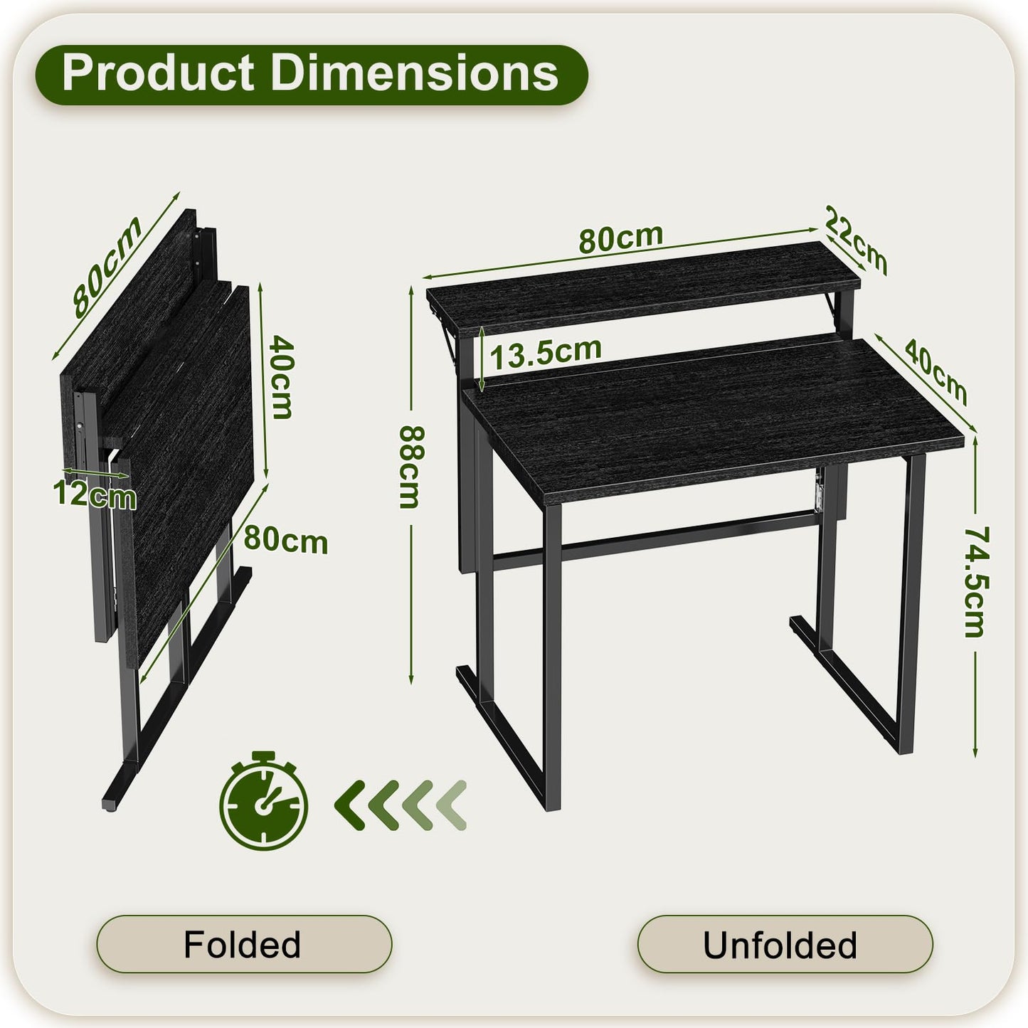 JUMMICO Foldable Desk,Small Desk with Monitor Shelf,2-Tier Folding Table for Home, Office, School, Computer Desk for Small Space,Black