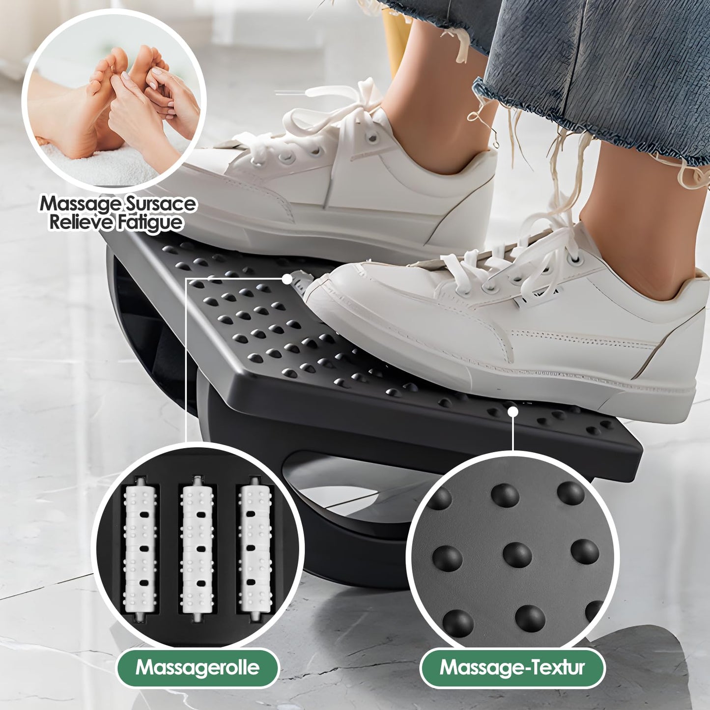 Under Desk Footrest, Swinging Footboard, Ergonomic Round Plastic Ottoman with Roller Massager to Improve Posture and Relieve Leg, Knee and Back Pain
