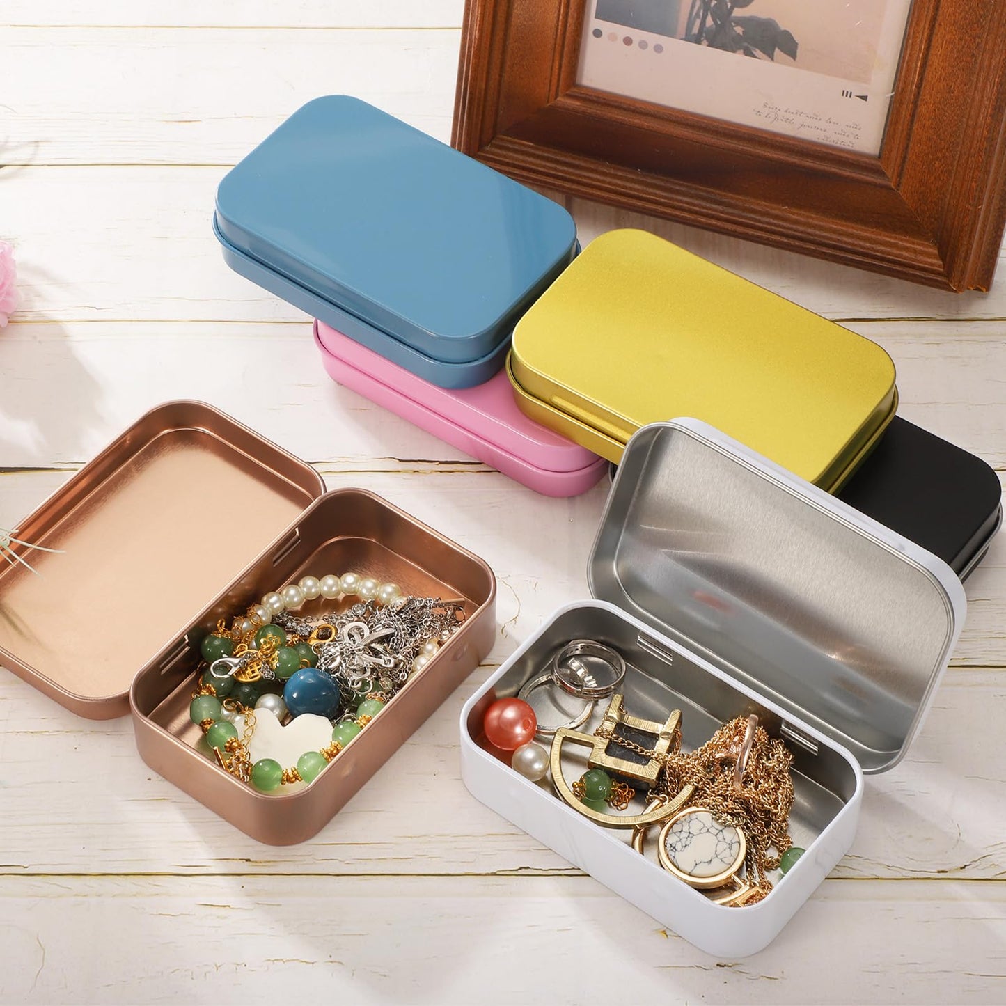 sourcing map 2pcs Metal Tin Box, 3.7x2.4x0.8 Mini Portable Rectangular Empty Tinplate Small Storage Container Airtight Tins with Lids for Candy