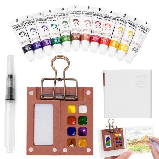 Mini Watercolour Paint Set Travel, Pocket Watercolour Set, 12 Colors Mini Paint With 8 Grids Wooden Palette, Includes Sketchbook,Watercolor Pens,and
