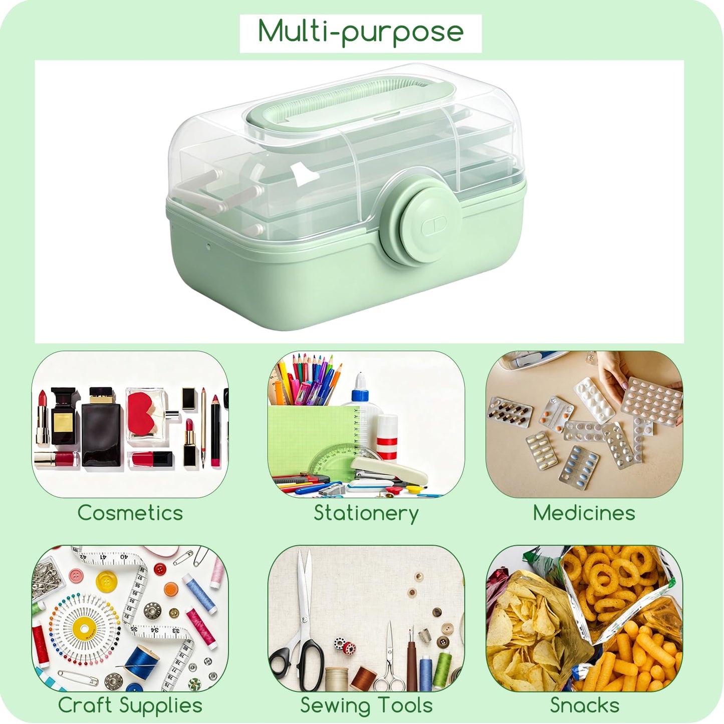 ANMOO Medicine Storage Box, 3-Tier Portable Plastic Storage Case, Green
