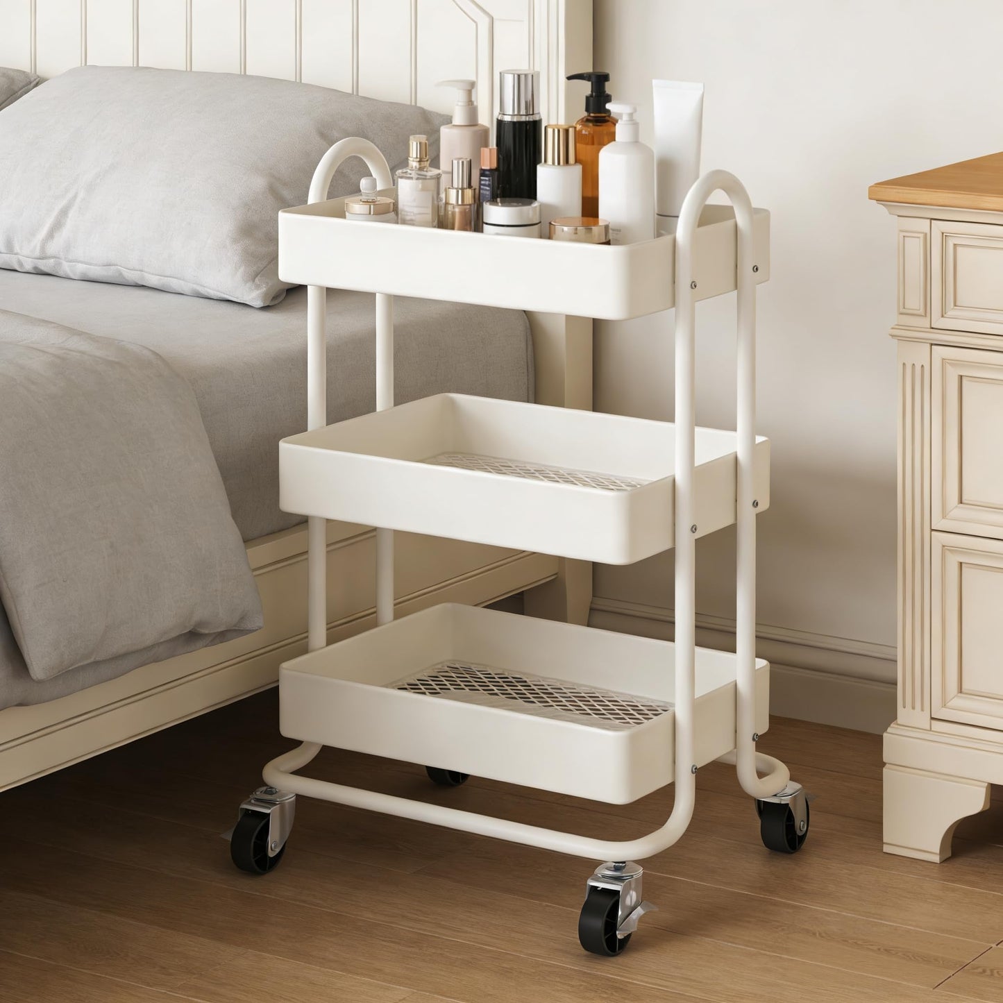 Mordchil EU 3 Tier Metal Utility Cart with Lockable Wheels for Storage, Rolling Utility Trolley Storage Cart for Home & Office, Cream