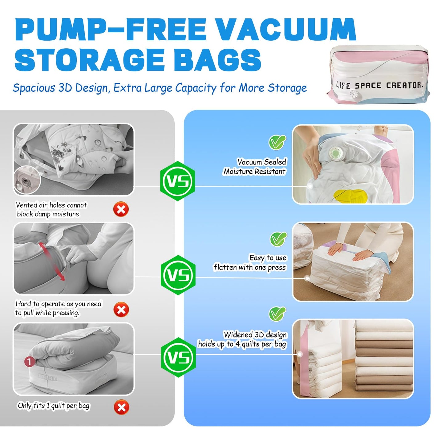 XQMMGO 2 Pack No Pump Vacuum Storage Bags, Large Cube Vacuum Pack Bags for Clothes and Duvets, Space Saver Compression Bags for Travel