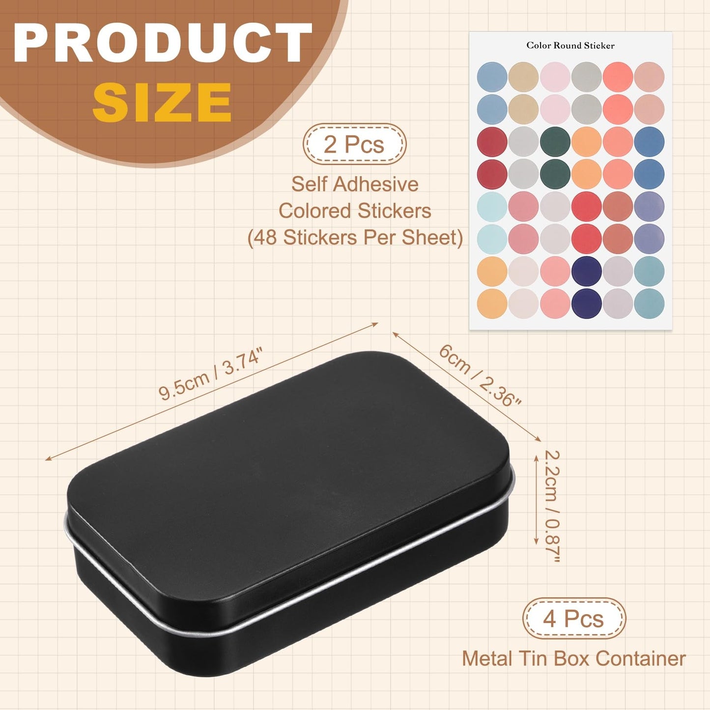 sourcing map 4Pcs Metal Tin Box Container, 3.7x2.4x0.9 Rectangular Empty Box with Self Adhesive Colored Stickers