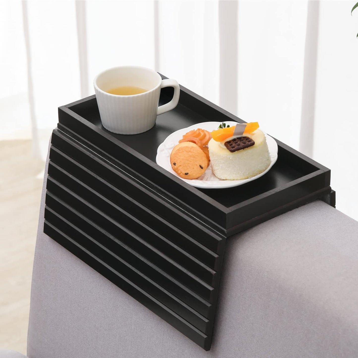 GEHE Natural Bamboo Sofa Arm Tray, Armrest Tray Table Anti-Slip, Couch Cup Holder for Snacks, Phone, Control, Cups, Flexible and Foldable, Black