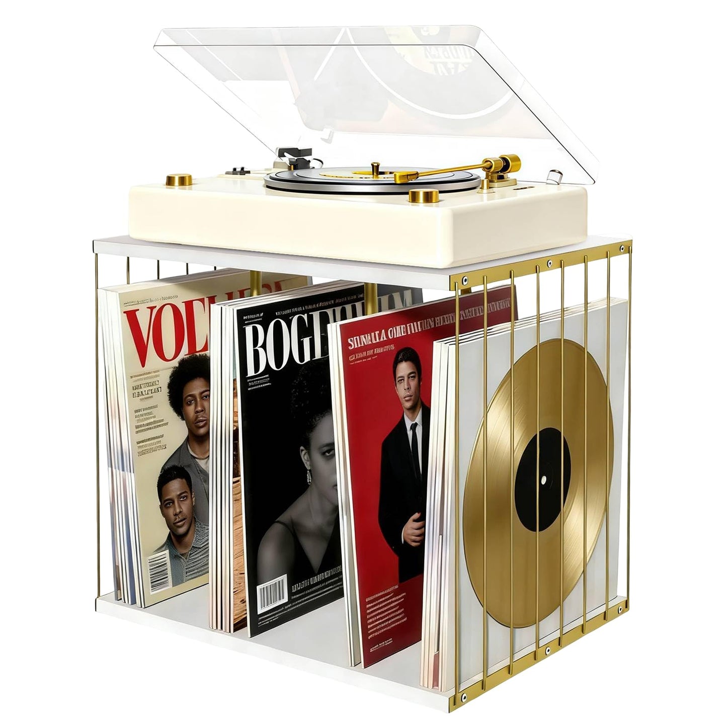 XLSBZ Vinyl Record Storage Holder, Metal & Wooden Vinyl Record Rack Up to 80 LP Albums, Record Player Stand Organizer for Albums, Magazine, Book