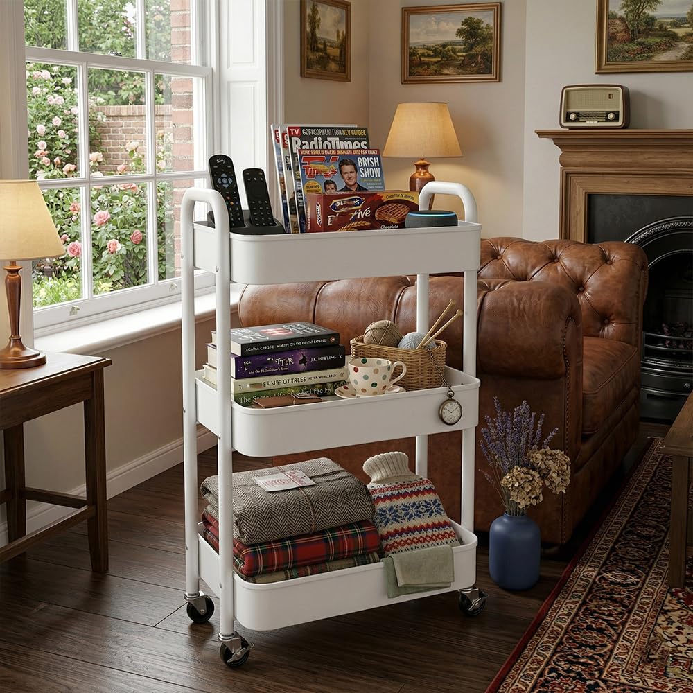 BSTHOK Storage Rolling Cart Trolley Metal Mobile Shelving Organiser with 360° Swivel Wheels for Kitchen, Bedroom