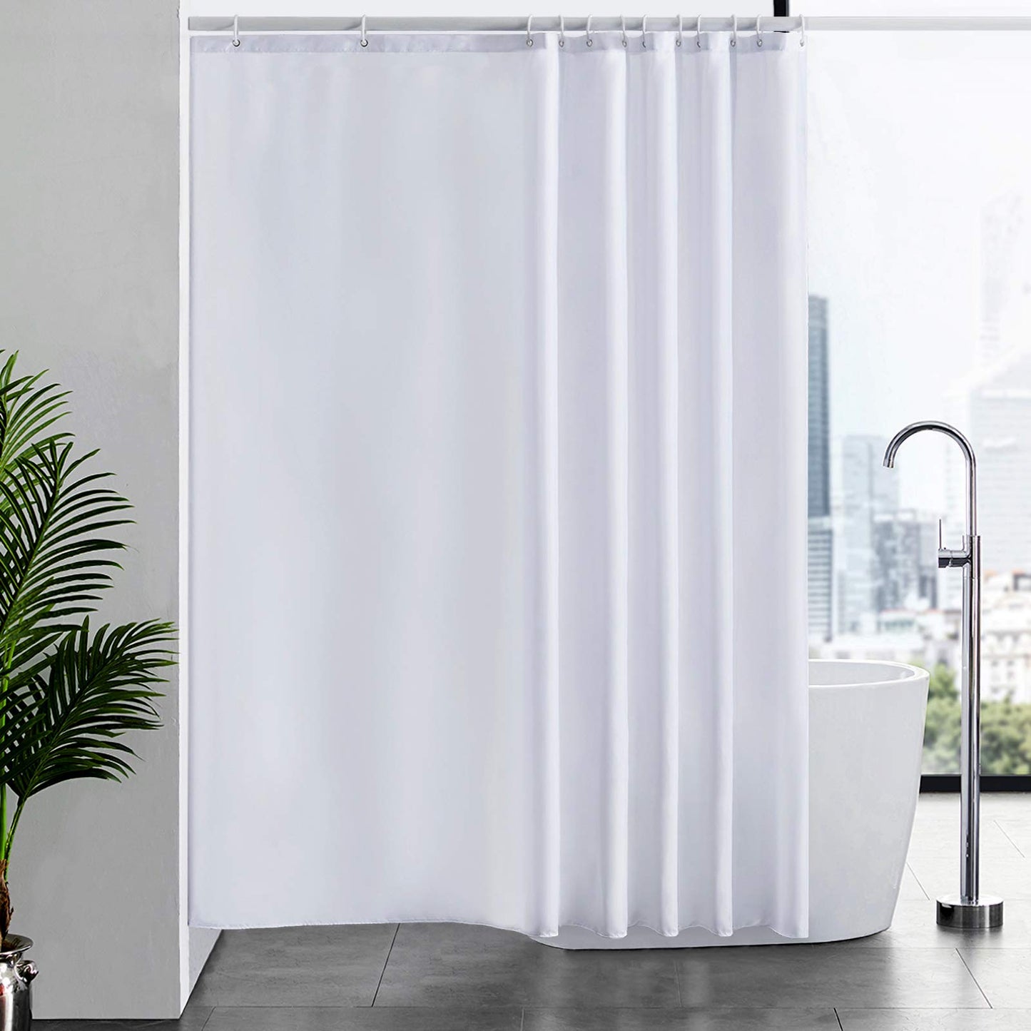 Furlinic Shower Curtains Mould Proof Resistant Polyester Fabric White Bathroom Shower Curtain Waterproof Machine Washable Large 200 x 200cm With 12