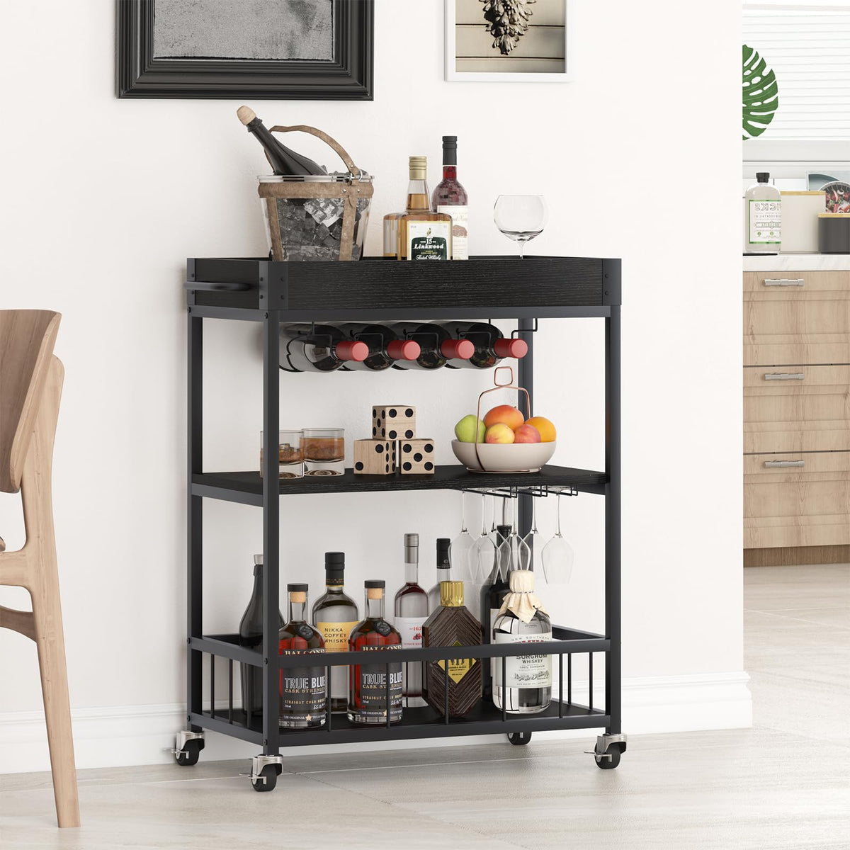 Bar Cart, 3 Tier Serving Trolley, Rolling Wine Trolley, Drinks Trolley