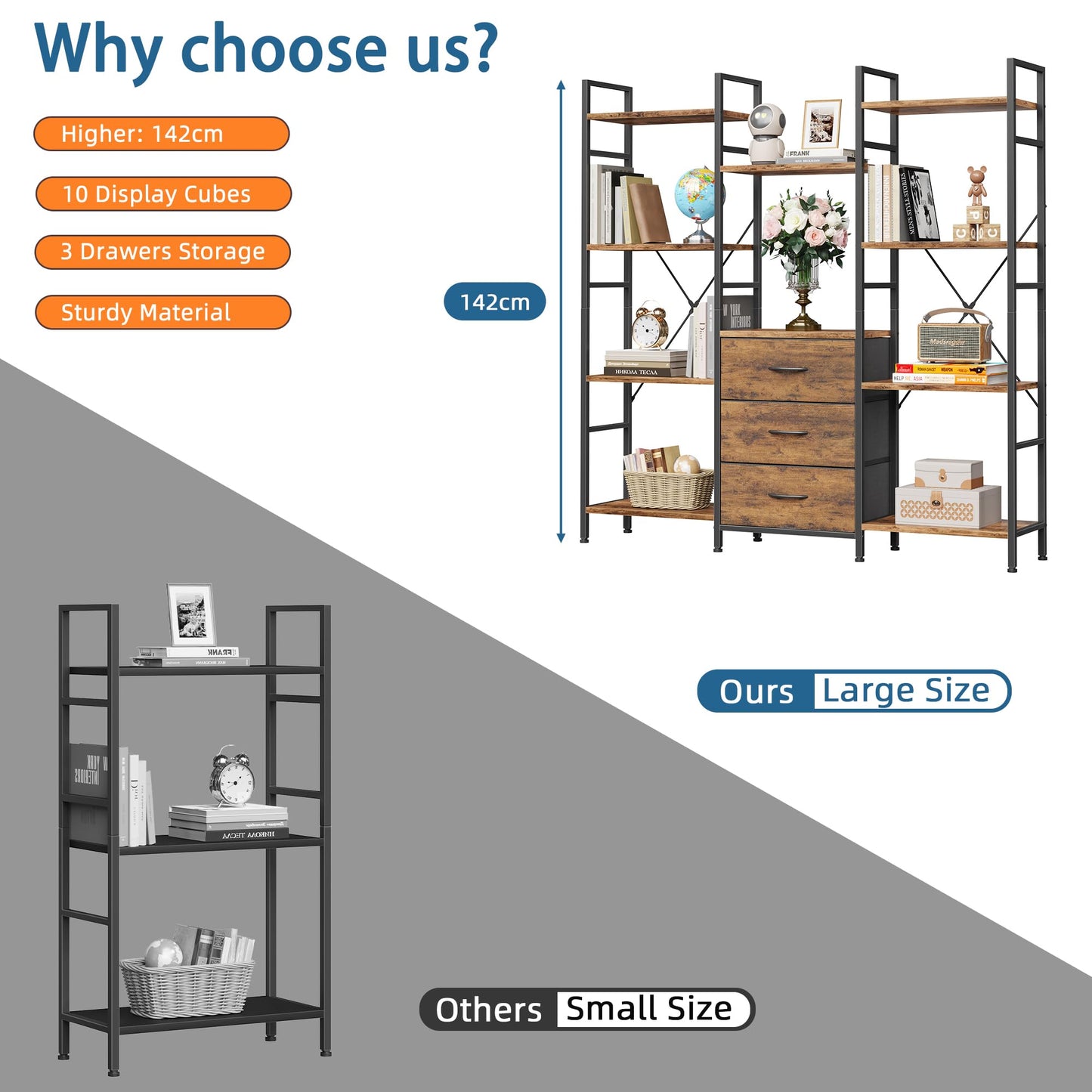 OYRREU 4-Tier Bookcase with Drawers, 100cm Wide Rustic Brown Shelving Unit