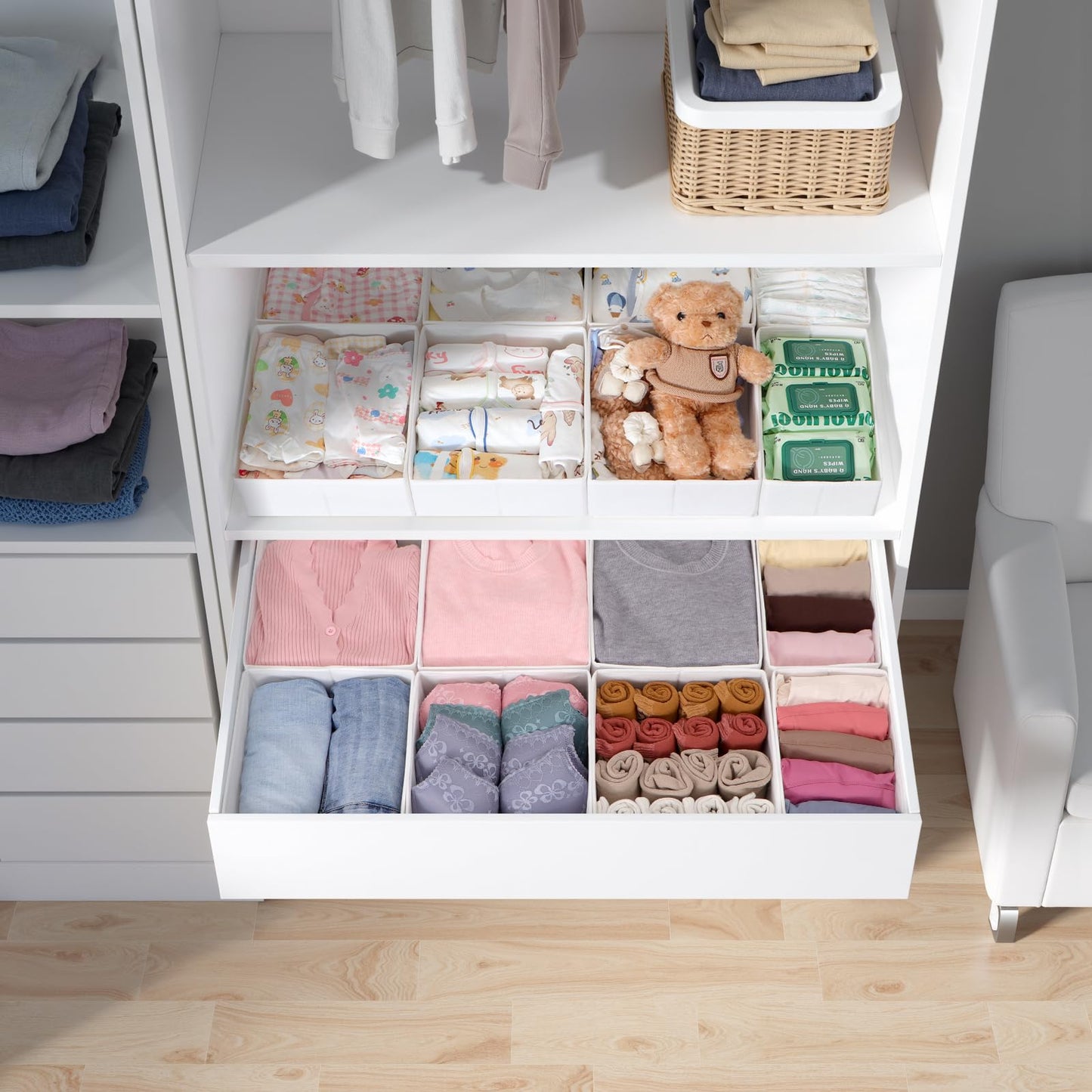 ORLISA Set of 16 Drawer Organisers, Compatible with PAX Wardrobe, 100 x 58 cm, Foldable Fabric Boxes with Sturdy Base for Clothes, Robust White